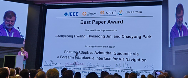 Our paper received the Best Paper Award at IEEE ISMAR 2026 (roughly 1%). Congratulations to Jaehyeong and Hyeseong!
